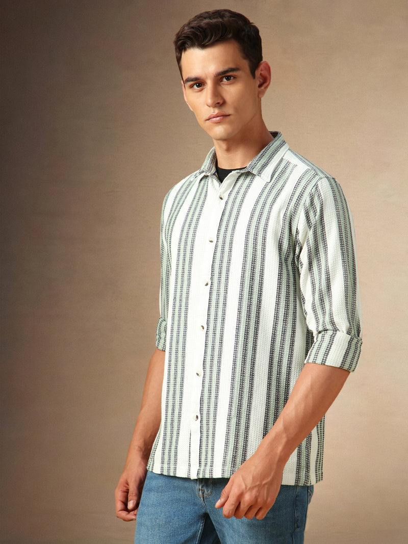 Men's White Striped Spread Collar Full Sleeves Casual Shirt