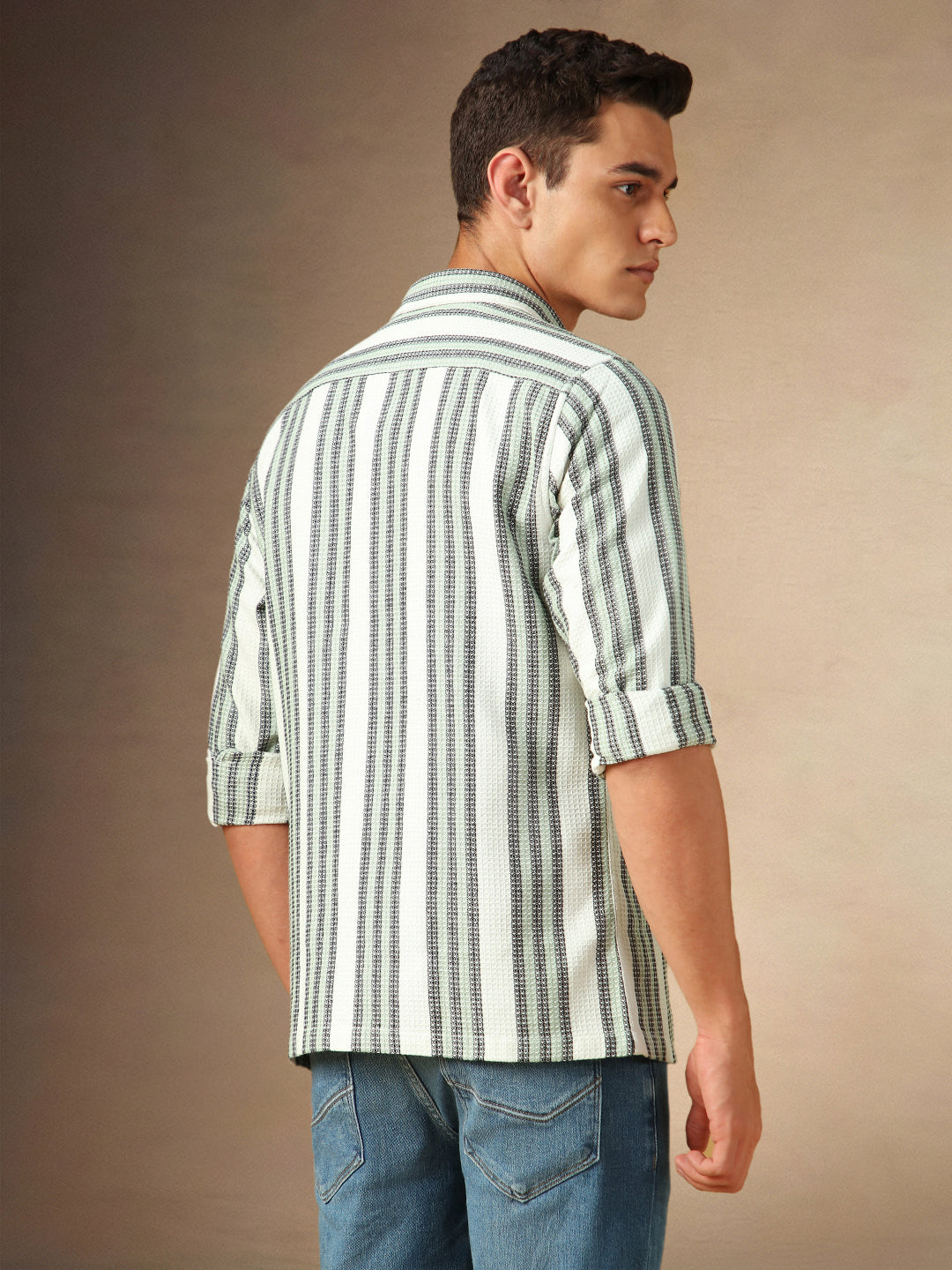 Men's White Striped Spread Collar Full Sleeves Casual Shirt