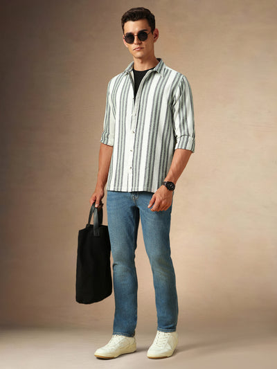 Men's White Striped Spread Collar Full Sleeves Casual Shirt