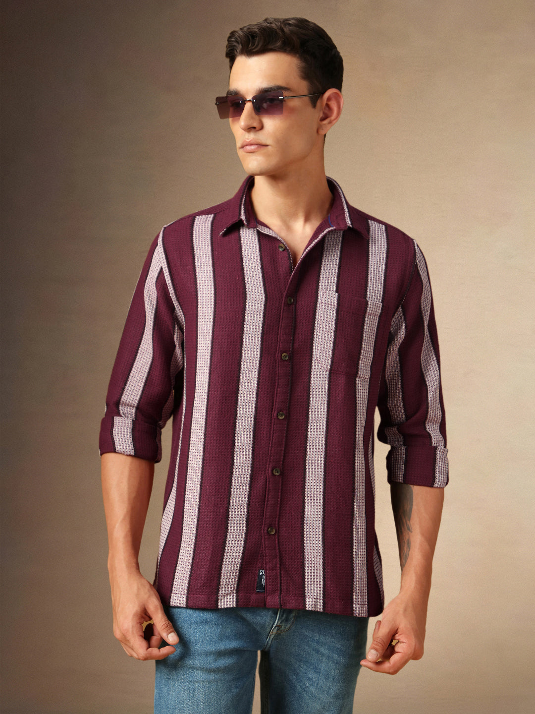 Men's Maroon Striped Button Down collar Full Sleeves Casual Shirt