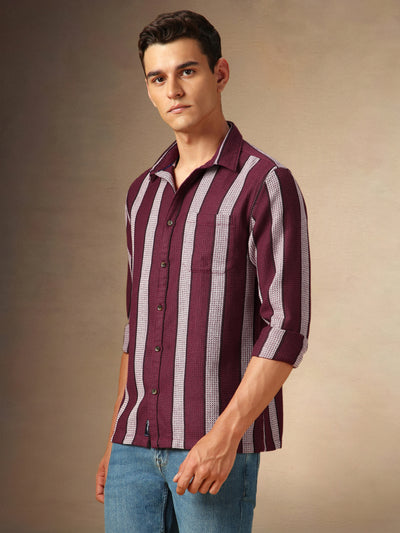 Men's Maroon Striped Button Down collar Full Sleeves Casual Shirt