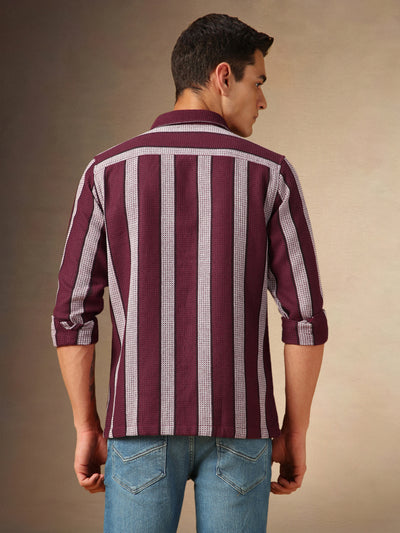 Men's Maroon Striped Button Down collar Full Sleeves Casual Shirt