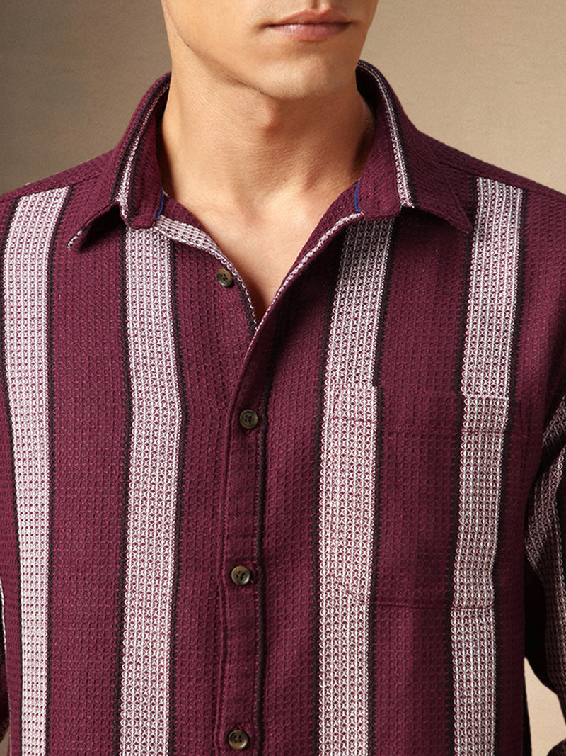 Men's Maroon Striped Button Down collar Full Sleeves Casual Shirt