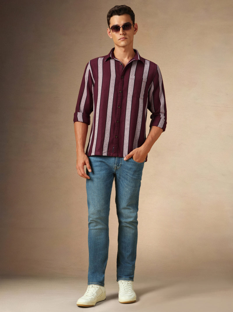 Men's Maroon Striped Button Down collar Full Sleeves Casual Shirt