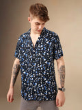 Men's Navy Printed Cuban Collar Half Sleeves Rayon Casual Shirt