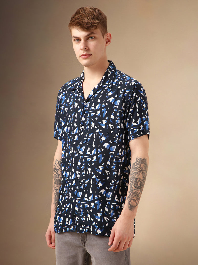 Men's Navy Printed Cuban Collar Half Sleeves Rayon Casual Shirt