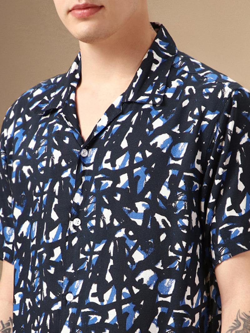 Men's Navy Printed Cuban Collar Half Sleeves Rayon Casual Shirt