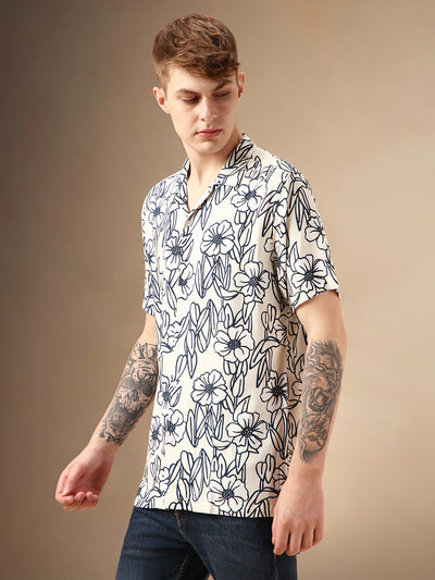 Men's White Printed Cuban Collar Half Sleeves Rayon Casual Shirt