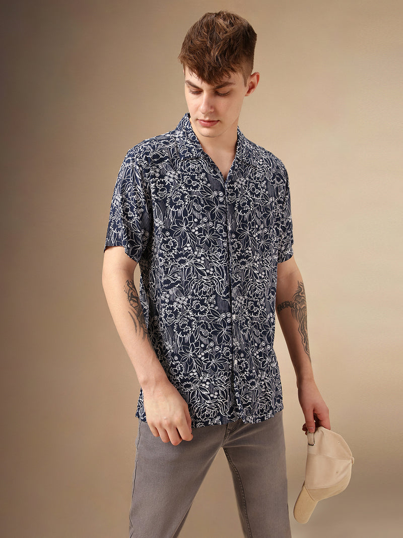 Men's Navy Printed Cuban Collar Half Sleeves Rayon Casual Shirt