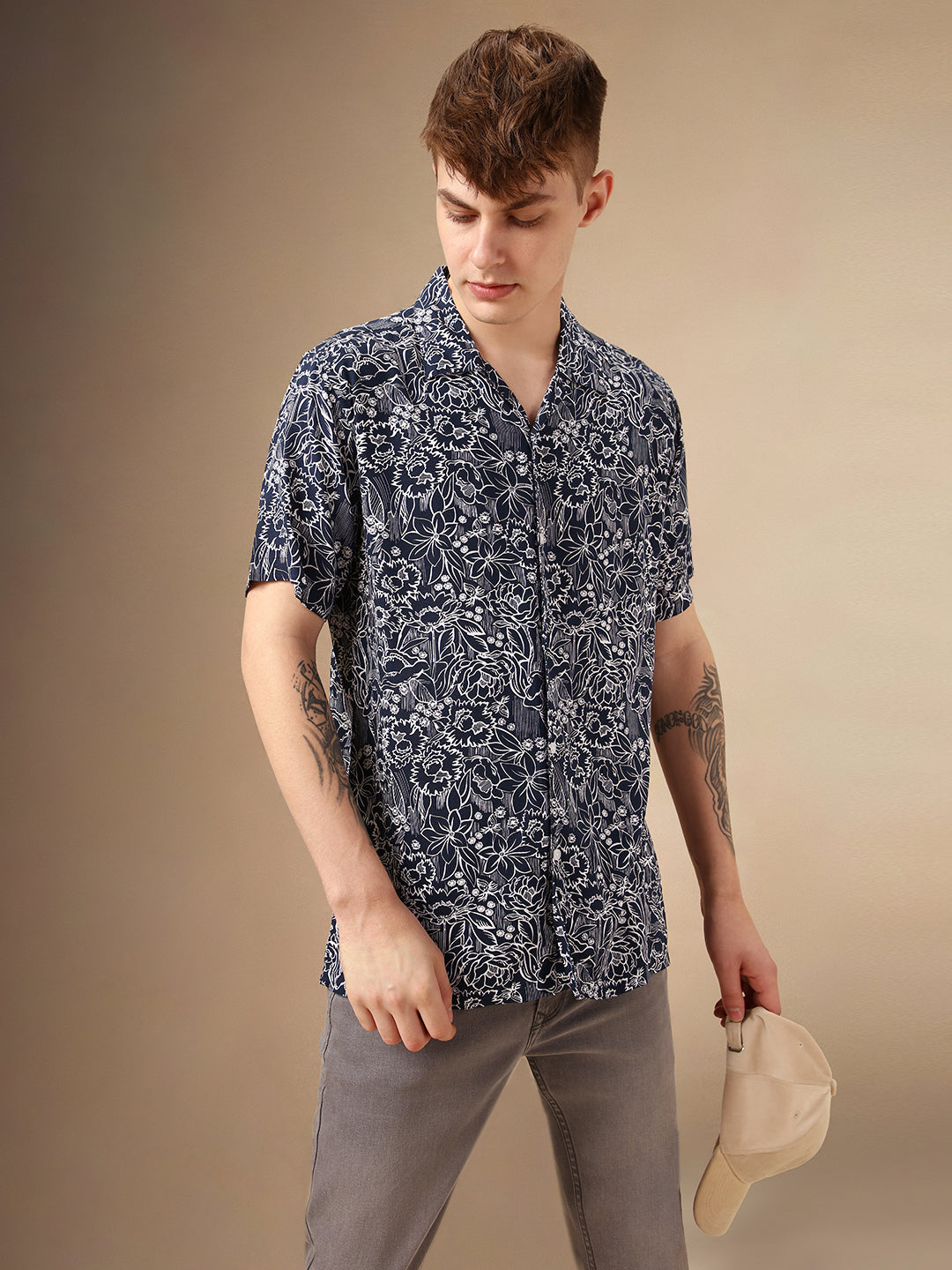 Men's Navy Printed Cuban Collar Half Sleeves Rayon Casual Shirt