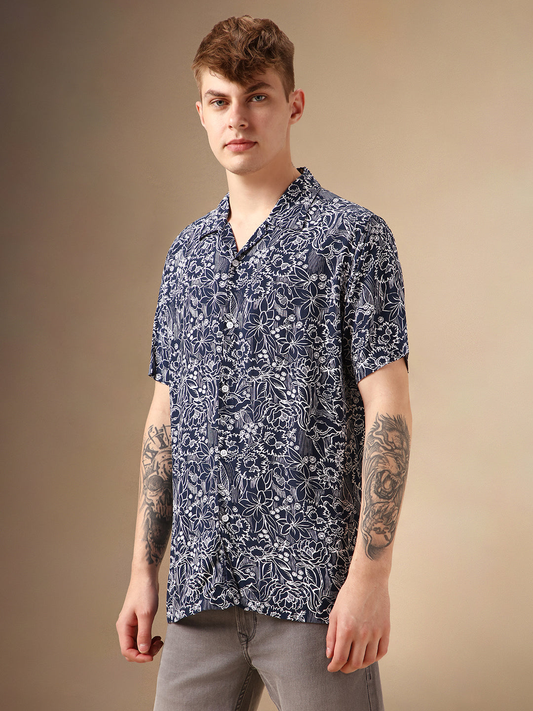 Men's Navy Printed Cuban Collar Half Sleeves Rayon Casual Shirt