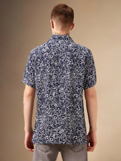 Men's Navy Printed Cuban Collar Half Sleeves Rayon Casual Shirt