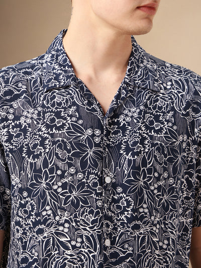 Men's Navy Printed Cuban Collar Half Sleeves Rayon Casual Shirt