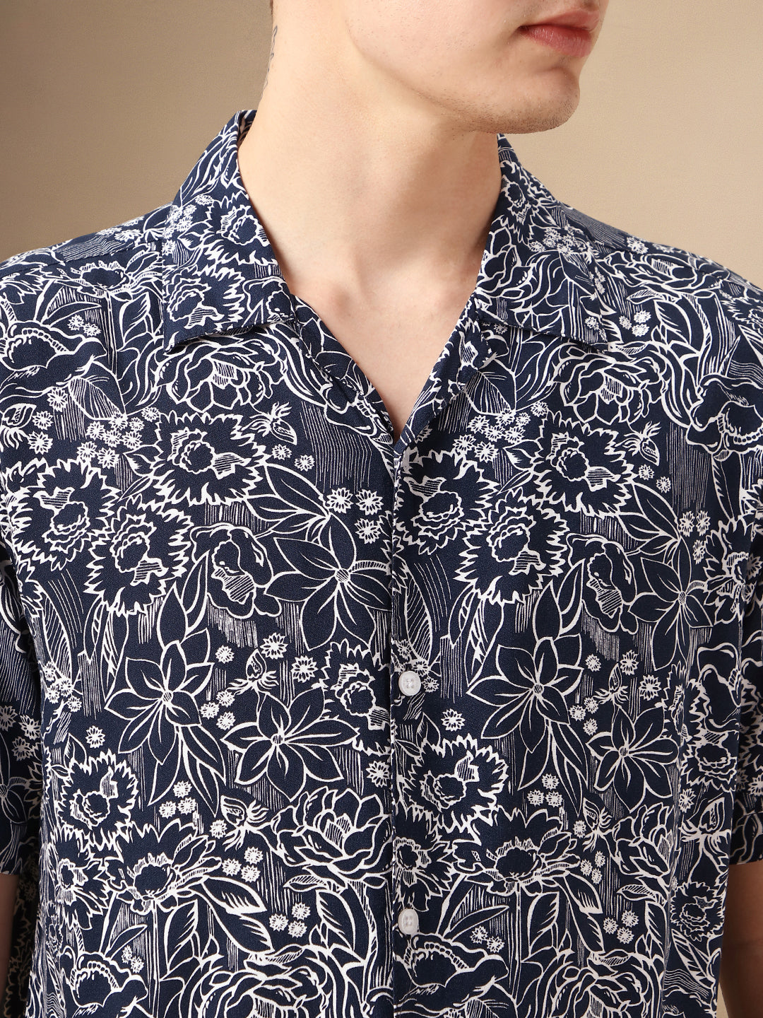 Men's Navy Printed Cuban Collar Half Sleeves Rayon Casual Shirt