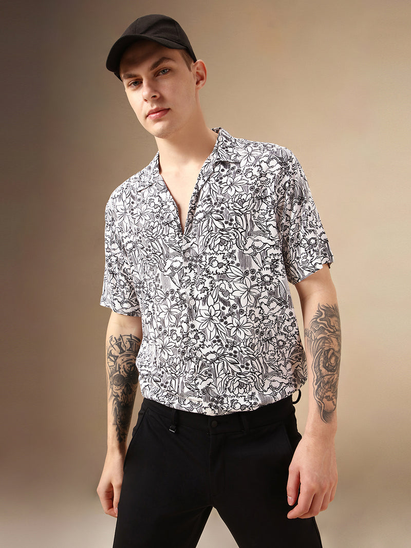 Men's White Printed Cuban Collar Half Sleeves Rayon Casual Shirt