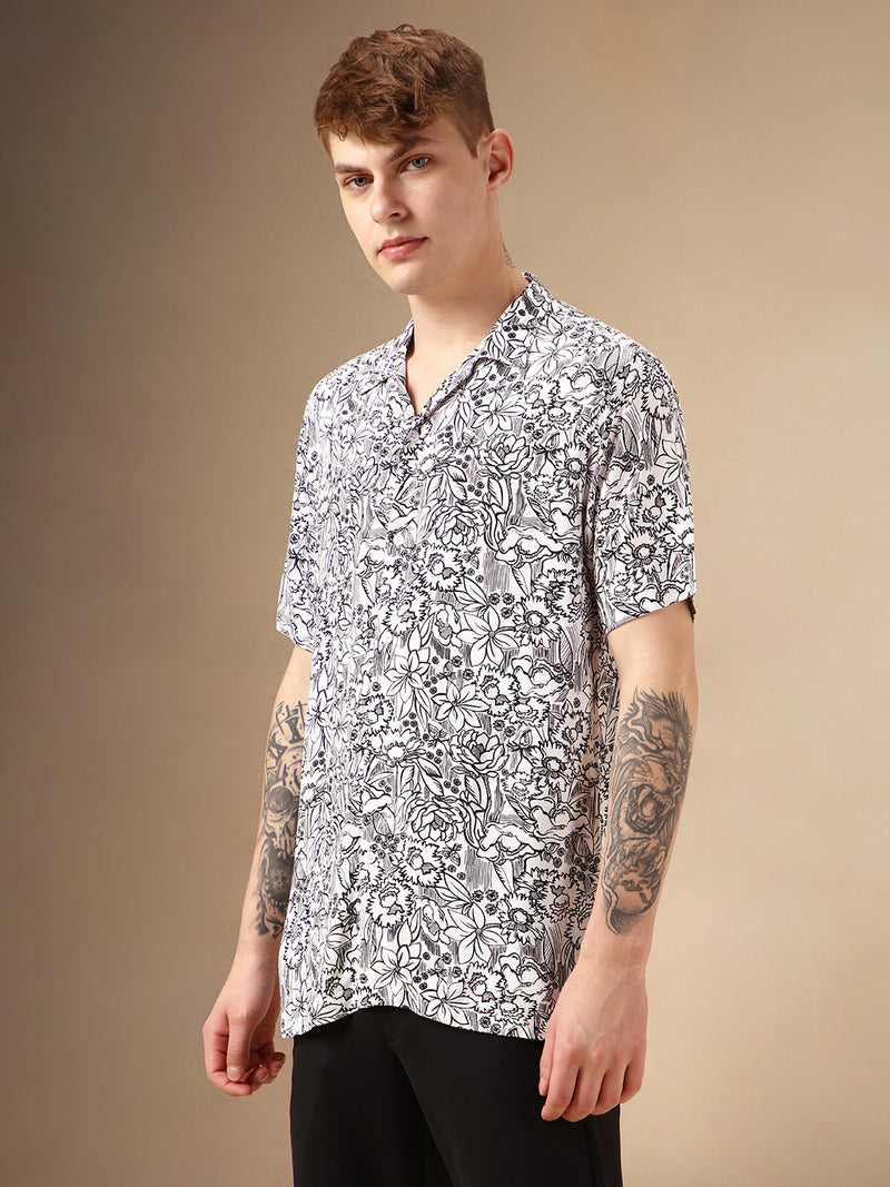 Men's White Printed Cuban Collar Half Sleeves Rayon Casual Shirt