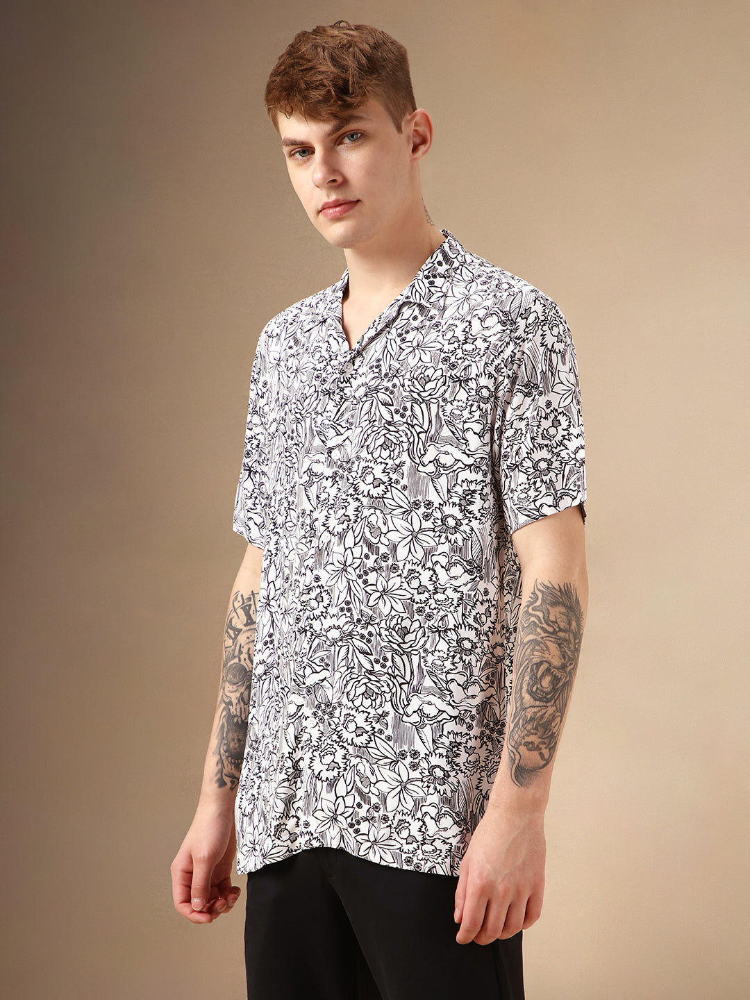 Men's White Printed Cuban Collar Half Sleeves Rayon Casual Shirt