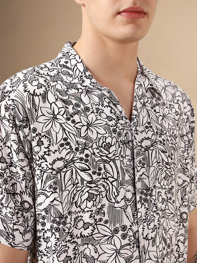 Men's White Printed Cuban Collar Half Sleeves Rayon Casual Shirt