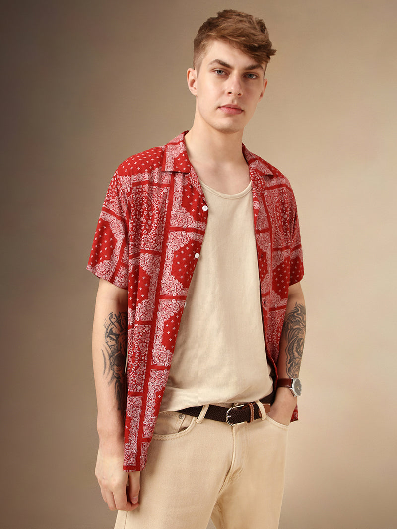 Men's Red Printed Cuban Collar Half Sleeves Rayon Casual Shirt