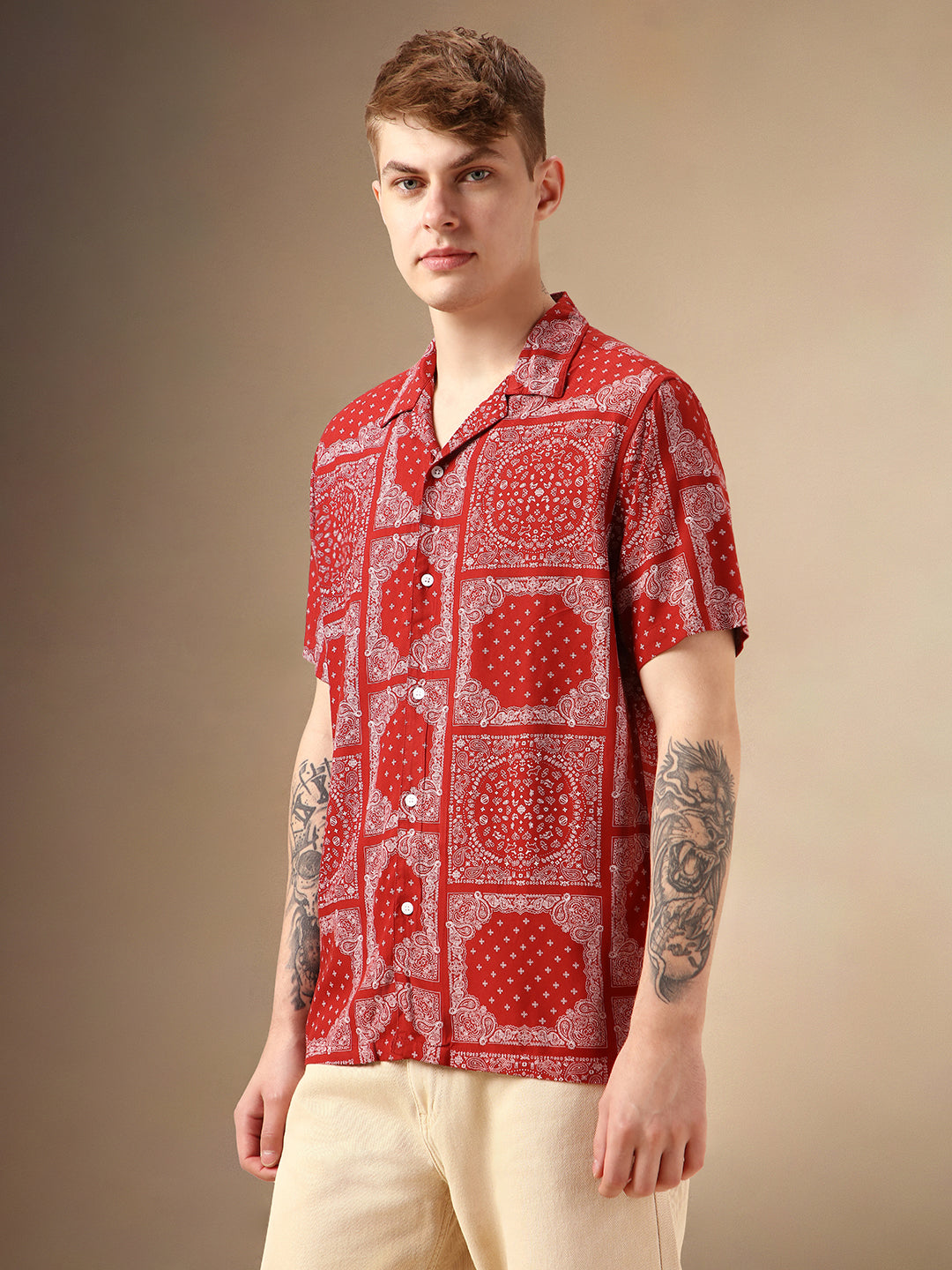 Men's Red Printed Cuban Collar Half Sleeves Rayon Casual Shirt