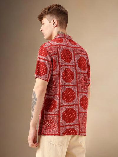 Men's Red Printed Cuban Collar Half Sleeves Rayon Casual Shirt