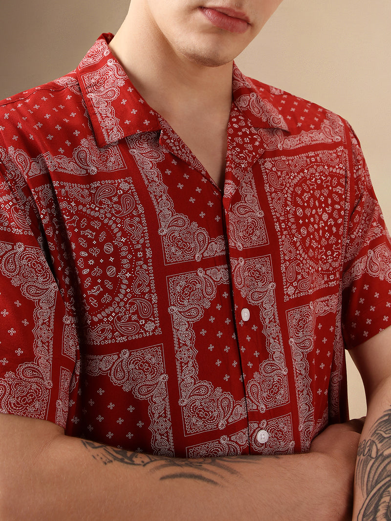 Men's Red Printed Cuban Collar Half Sleeves Rayon Casual Shirt