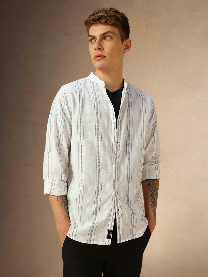 Men's White Striped Mandarin Collar Full Sleeves Shirt