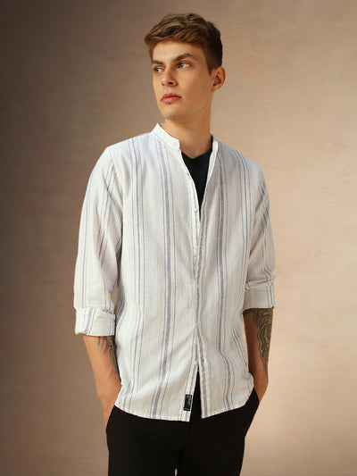 Men's White Striped Mandarin Collar Full Sleeves Shirt