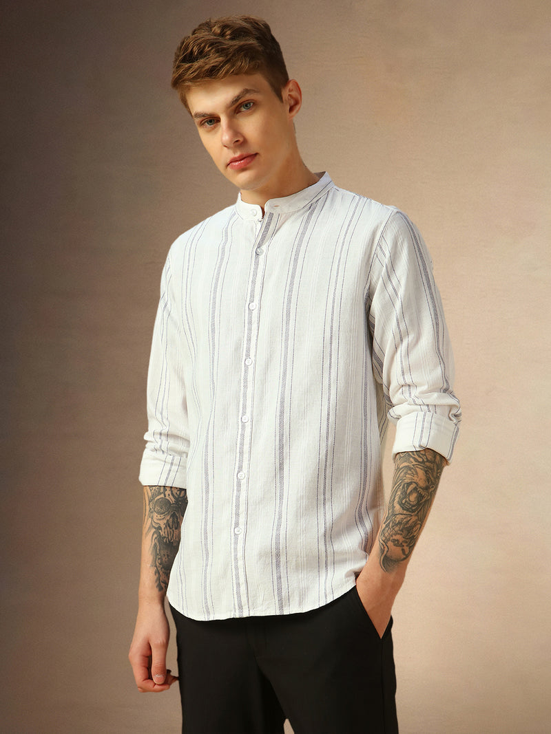 Men's White Striped Mandarin Collar Full Sleeves Shirt