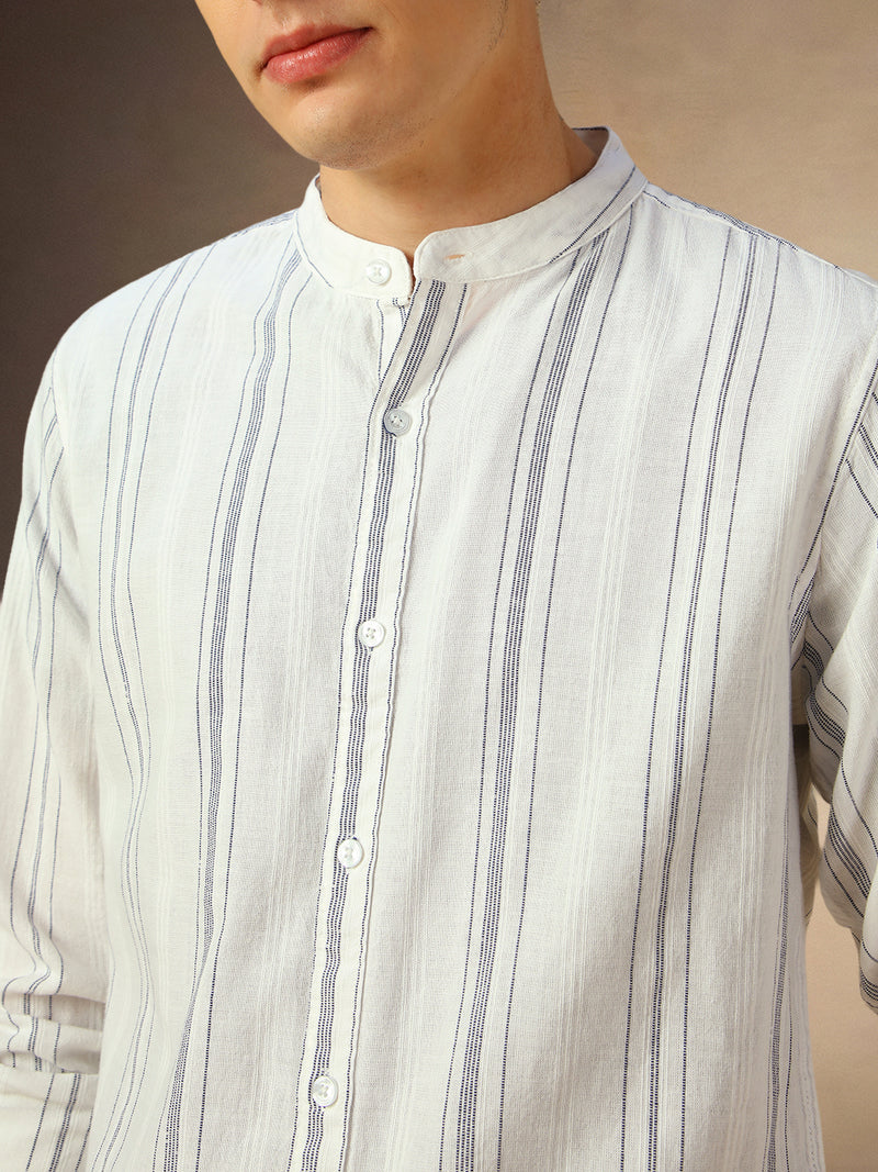 Men's White Striped Mandarin Collar Full Sleeves Shirt