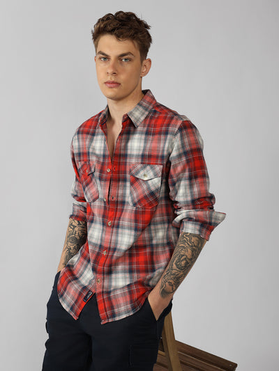 Men's Red Tartan Checks Spread Collar Long Sleeves Relaxed Fit Casual Shirt