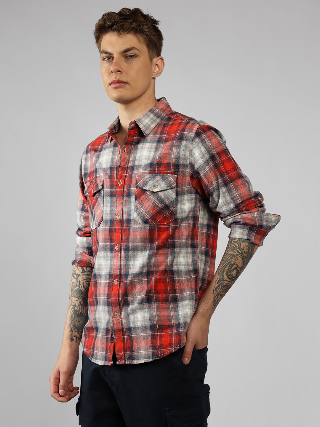 Men's Red Tartan Checks Spread Collar Long Sleeves Relaxed Fit Casual Shirt