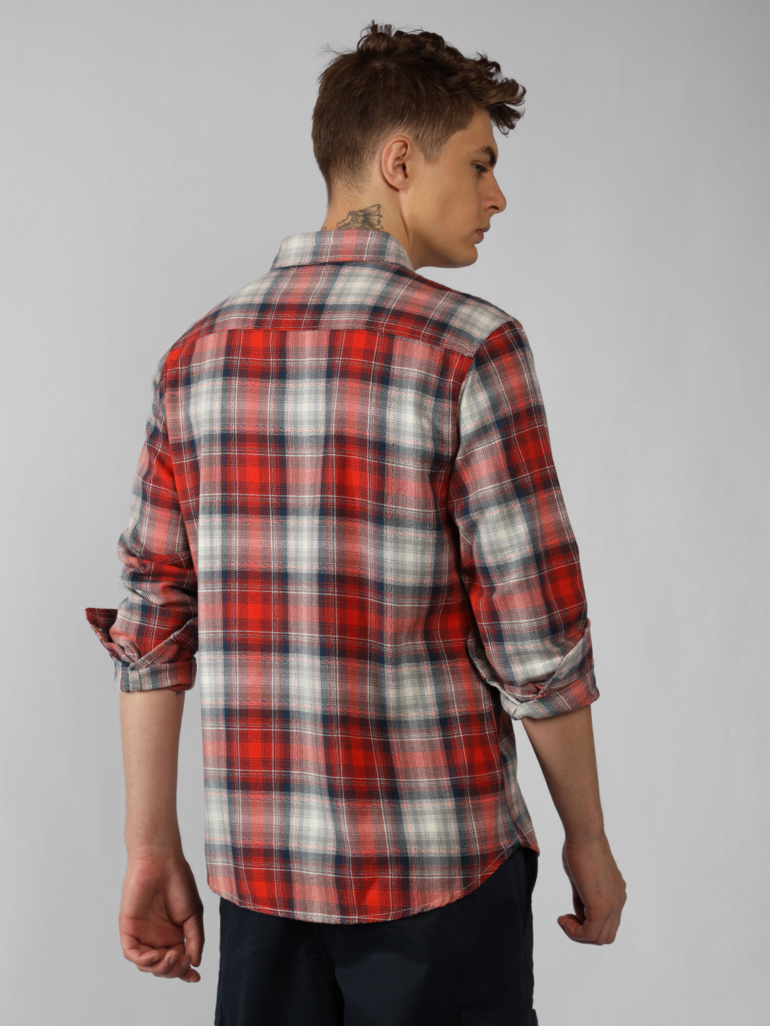 Men's Red Tartan Checks Spread Collar Long Sleeves Relaxed Fit Casual Shirt