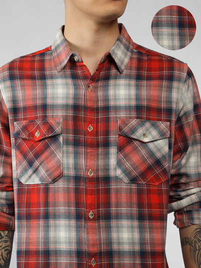 Men's Red Tartan Checks Spread Collar Long Sleeves Relaxed Fit Casual Shirt