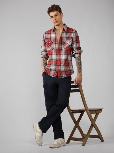 Men's Red Tartan Checks Spread Collar Long Sleeves Relaxed Fit Casual Shirt