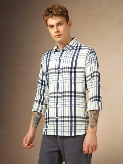 Men's White Checks Spread Collar Full Sleeves Shirt