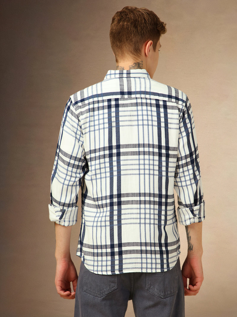 Men's White Checks Spread Collar Full Sleeves Shirt