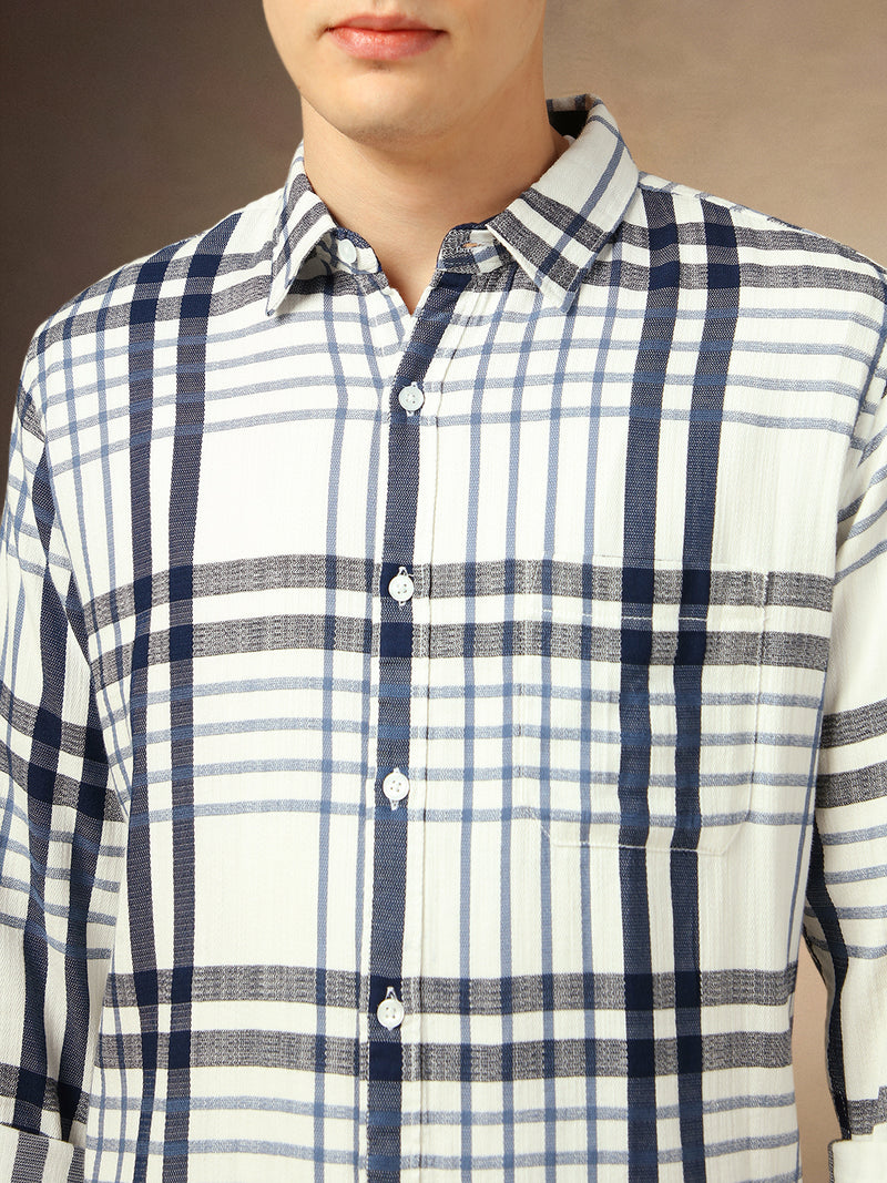 Men's White Checks Spread Collar Full Sleeves Shirt