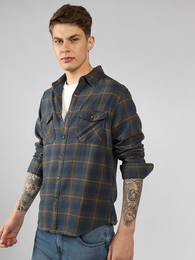 Men's Green Tartan Checks Spread Collar Long Sleeves Relaxed Fit Casual Shirt