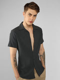 Men's Dark Grey Textured Cuban Collar Half Sleeve Relaxed Shirt