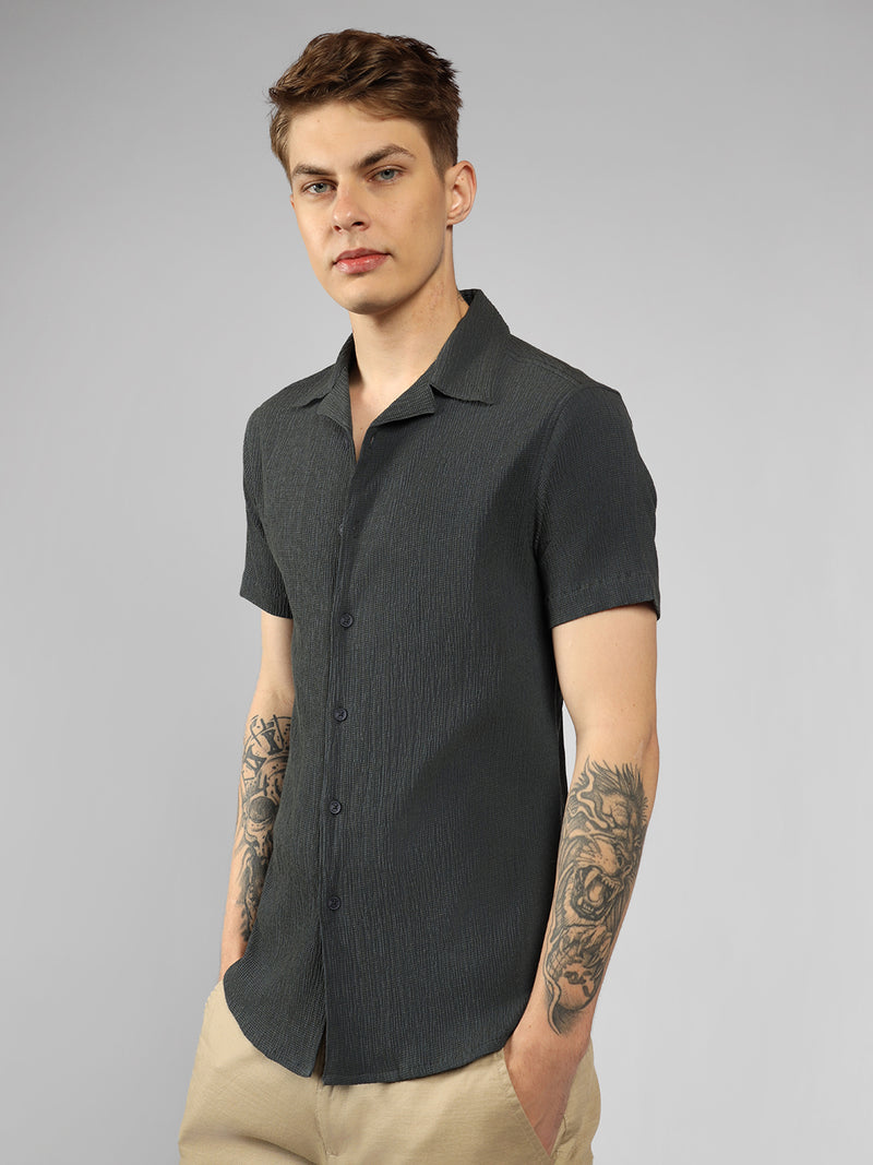 Men's Dark Grey Textured Cuban Collar Half Sleeve Relaxed Shirt