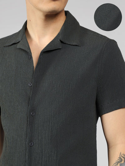 Men's Dark Grey Textured Cuban Collar Half Sleeve Relaxed Shirt