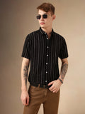 Men's Black Striped Spread Collar Half Sleeves Polycotton Dobby Casual Shirt