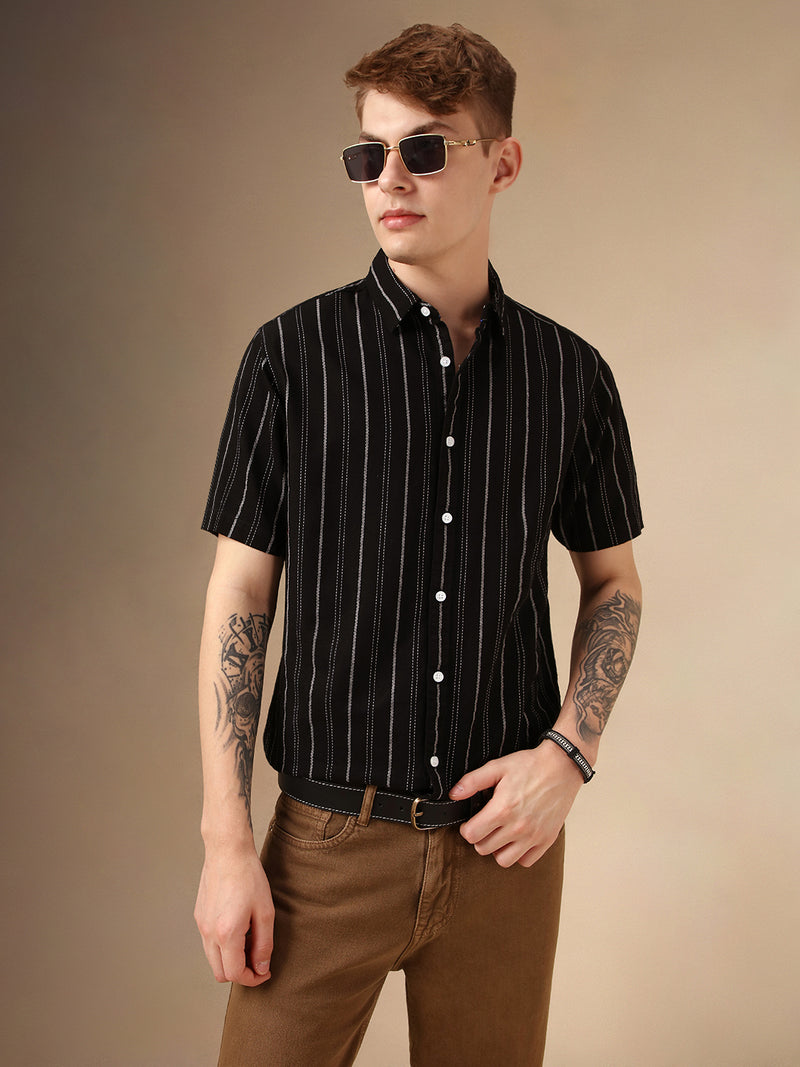 Men's Black Striped Spread Collar Half Sleeves Polycotton Dobby Casual Shirt