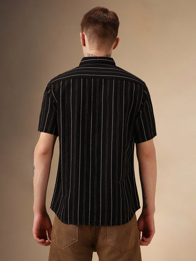 Men's Black Striped Spread Collar Half Sleeves Polycotton Dobby Casual Shirt