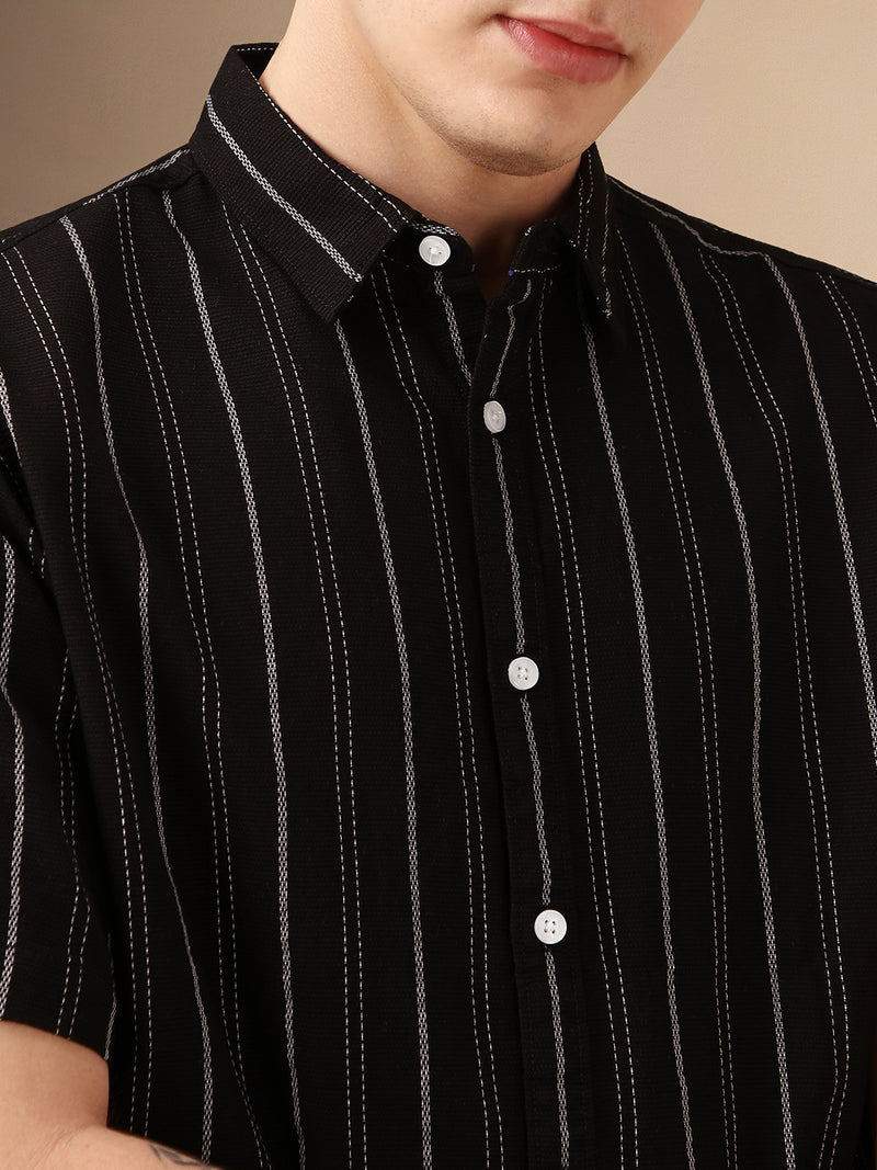 Men's Black Striped Spread Collar Half Sleeves Polycotton Dobby Casual Shirt