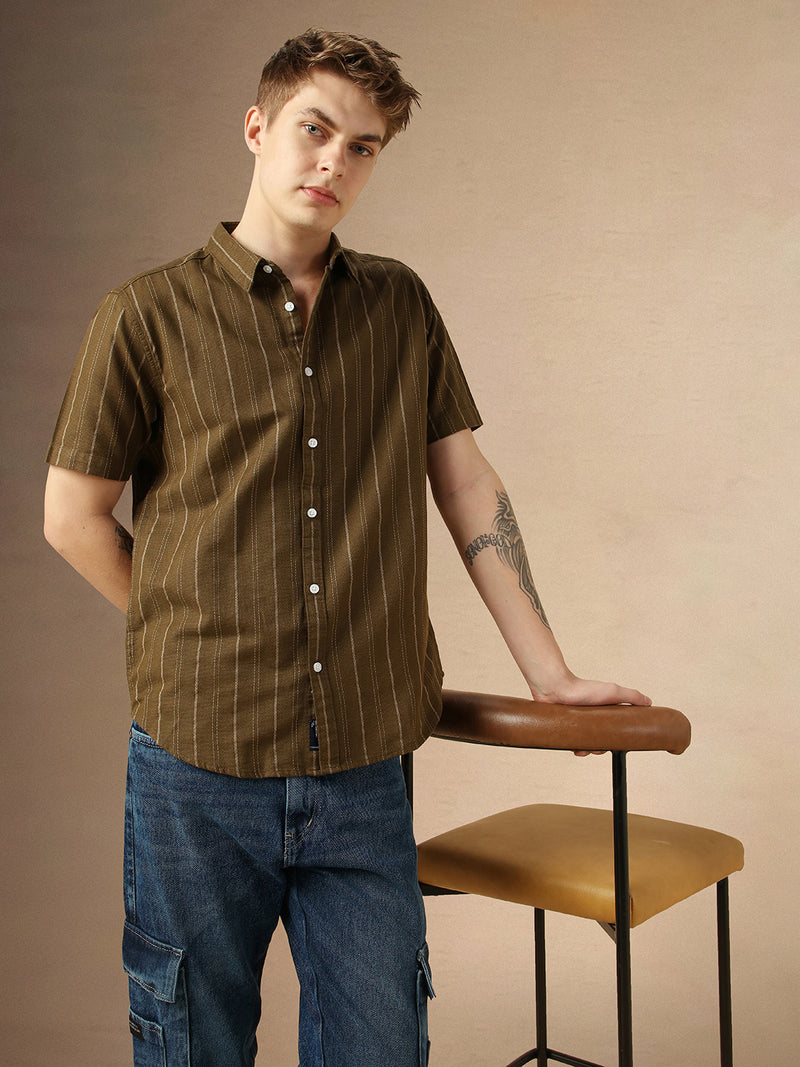 Men's Olive Cotton Dobby Spread Collar Half Sleeves Striped Shirt