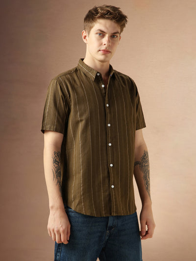 Men's Olive Cotton Dobby Spread Collar Half Sleeves Striped Shirt