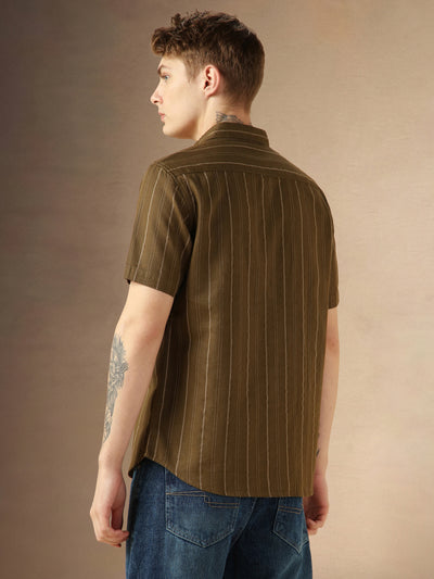 Men's Olive Cotton Dobby Spread Collar Half Sleeves Striped Shirt