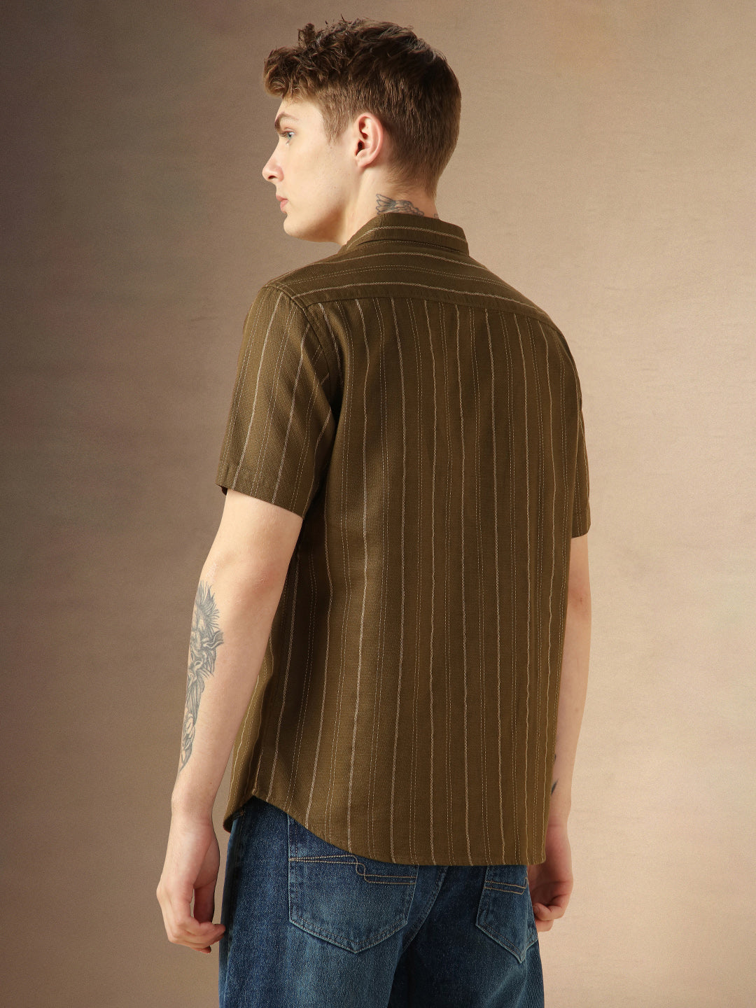 Men's Olive Cotton Dobby Spread Collar Half Sleeves Striped Shirt